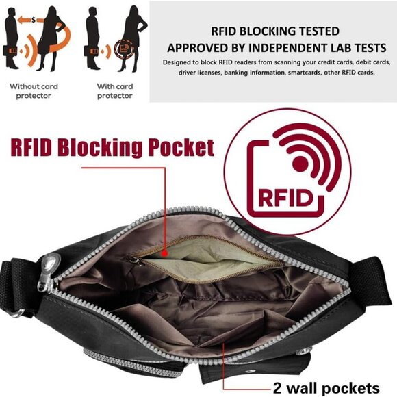Nylon Crossbody Bag for Women with Anti theft RFID Pocket, Waterproof Shoulder B - Picture 4 of 7